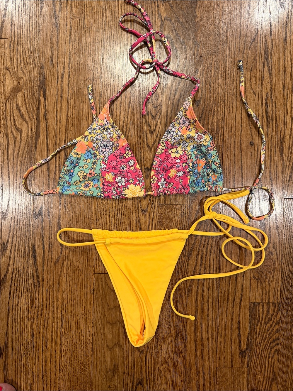 SHEIN Floral Triangle Bikini Top with Yellow Tie-Side Bottom size medium